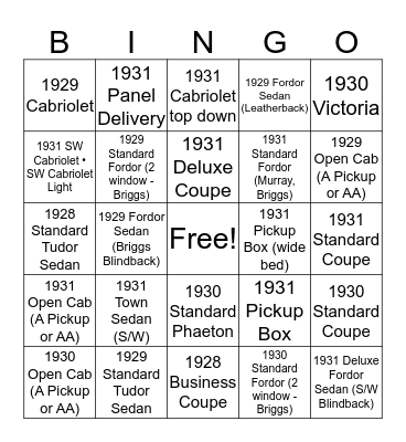 Harbor Area Model A Club Bingo Card