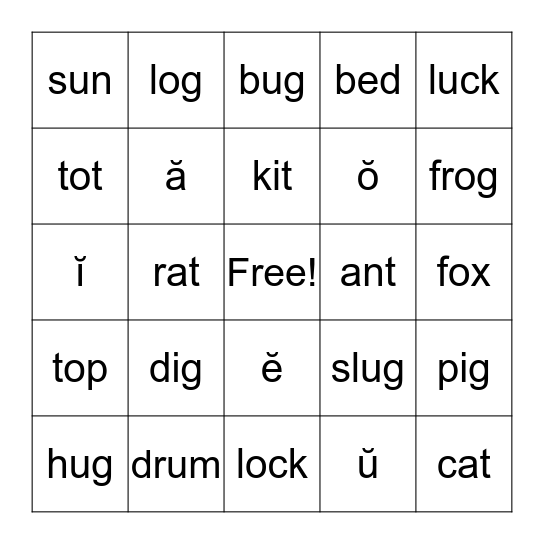 Short Vowel Bingo! Bingo Card