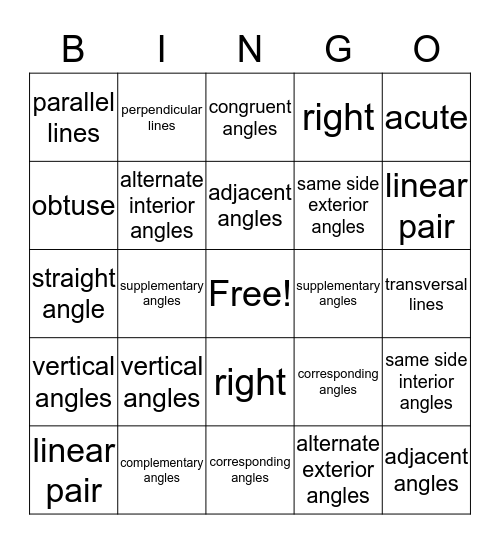 Angles Bingo Card