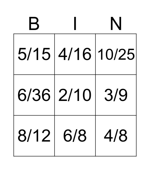 Equivalent Fractions  Bingo Card