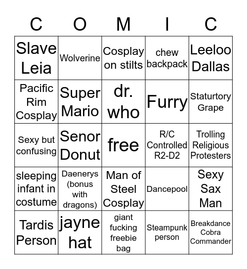 Comic Con Bingo Card