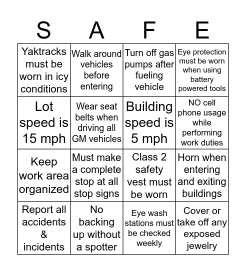 SAFETY BINGO Card