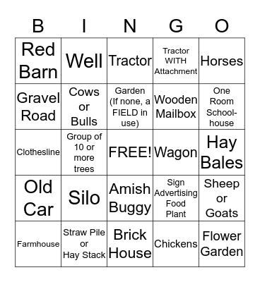Country Views Bingo Card