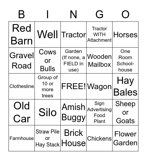 Country Views Bingo Card