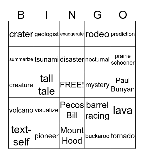 Summer Reading Vocabulary Bingo Card