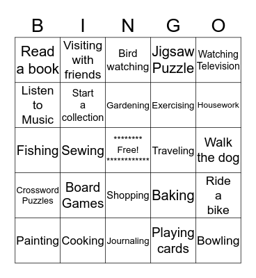 Leisure Bingo Card