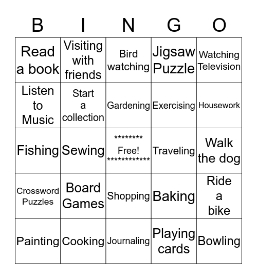 Leisure Bingo Card