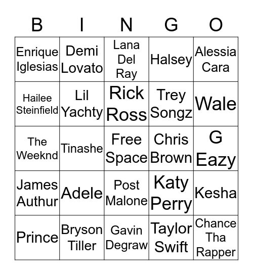 Name That Artist 10 Bingo Card