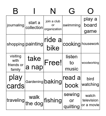 Leisure Bingo Card