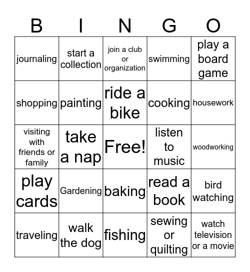 Leisure Bingo Card