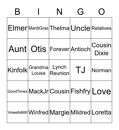 Lynch Reunion Bingo Card