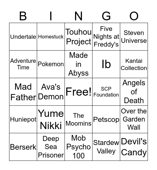 Fandom Bingo!!! Bingo Card