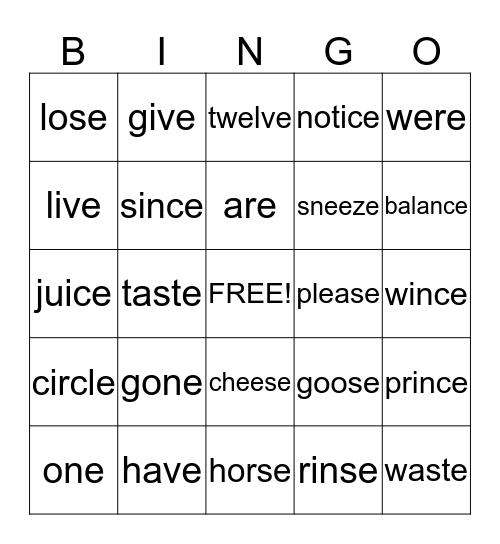 Silent E exceptions Bingo Card