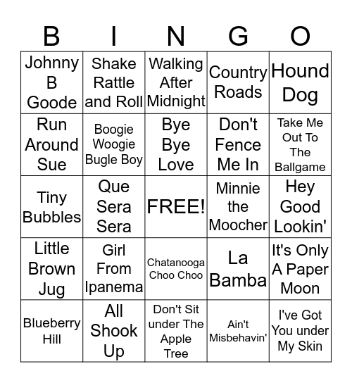 Name That Tune Bingo Card