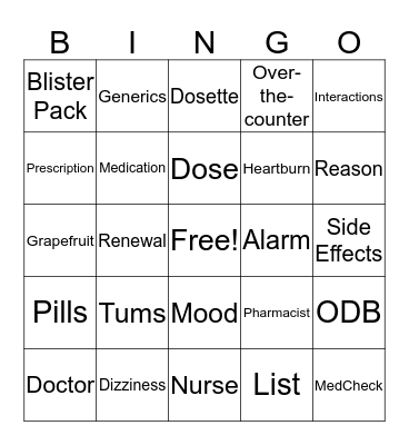 Pill Handling Bingo Card