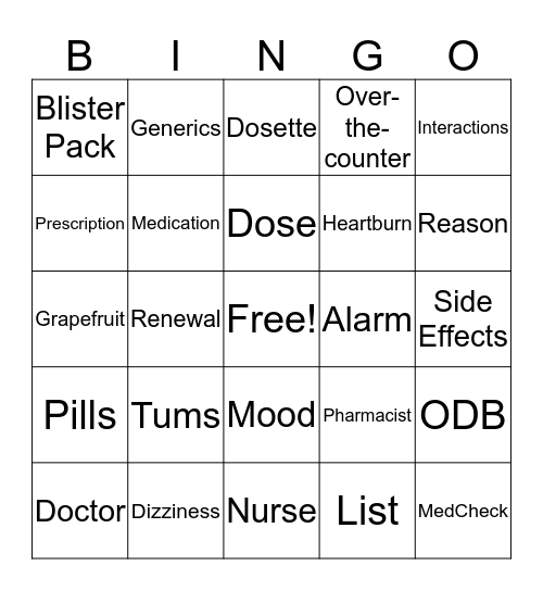 Pill Handling Bingo Card