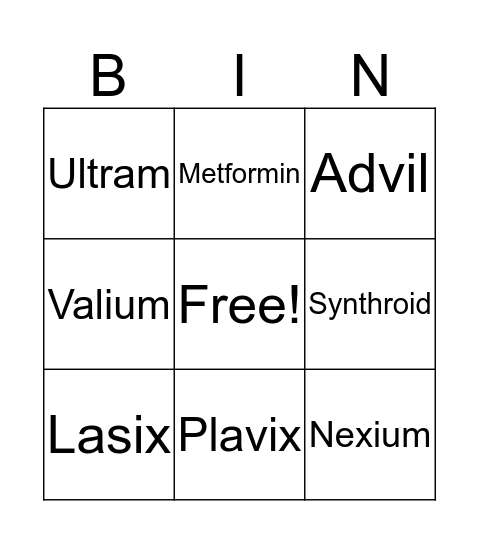 Name that Drug Bingo Card