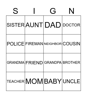 Sign Language Bingo Card