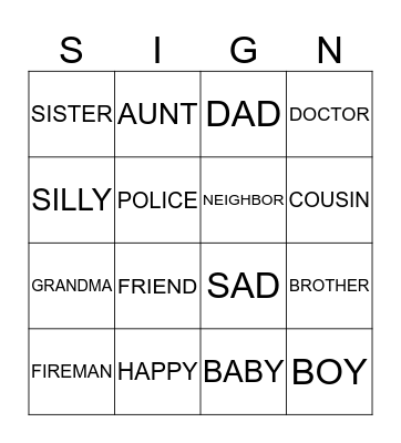 Sign Language Bingo Card