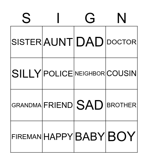 Sign Language Bingo Card