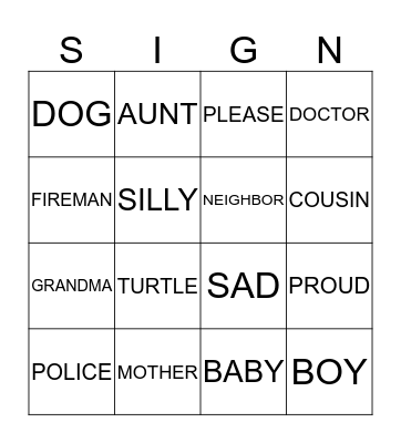 Sign Language Bingo Card