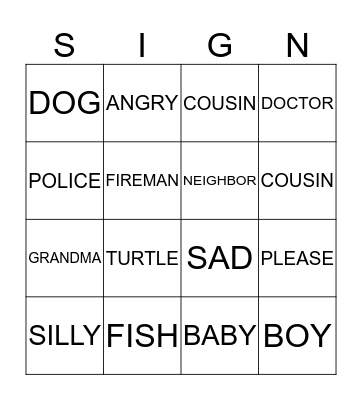 Sign Language Bingo Card