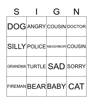 Sign Language Bingo Card