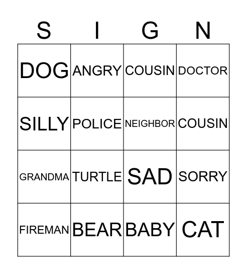 Sign Language Bingo Card