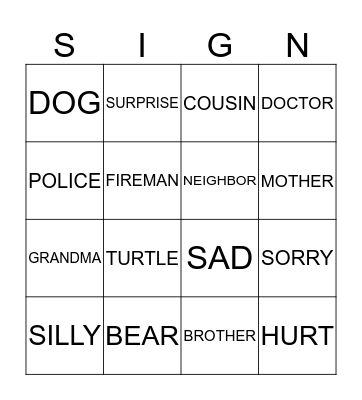 Sign Language Bingo Card