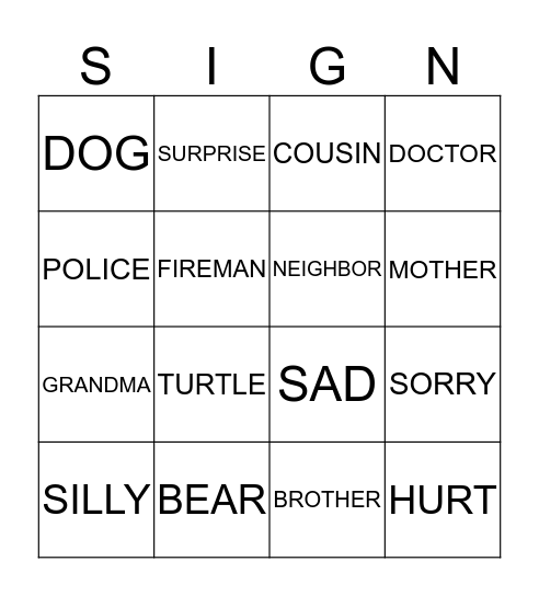 Sign Language Bingo Card