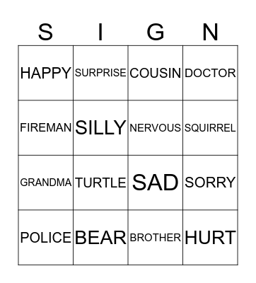 Sign Language Bingo Card