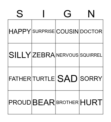 Sign Language Bingo Card