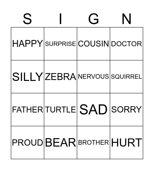 Sign Language Bingo Card