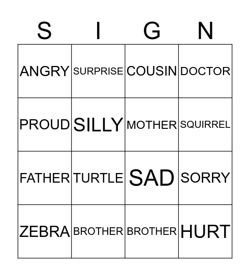 Sign Language Bingo Card