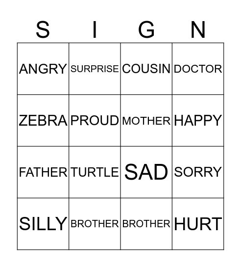 Sign Language Bingo Card