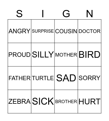 Sign Language Bingo Card
