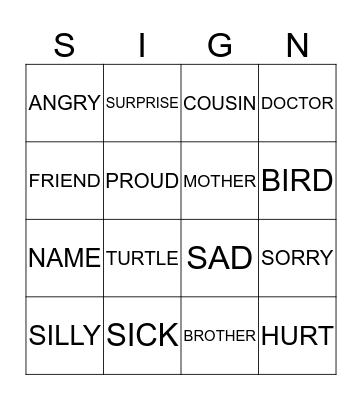Sign Language Bingo Card