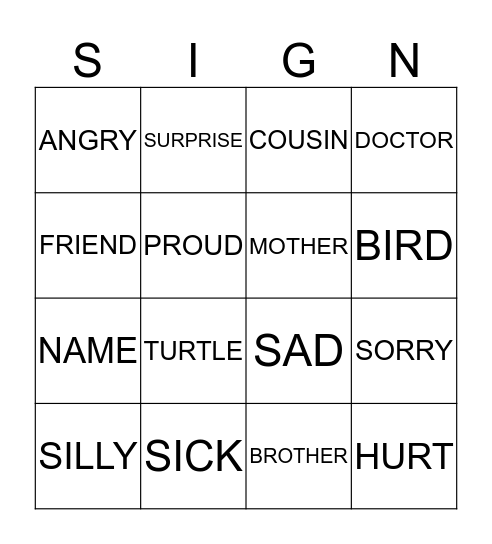 Sign Language Bingo Card