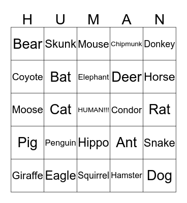 Animals Bingo Card