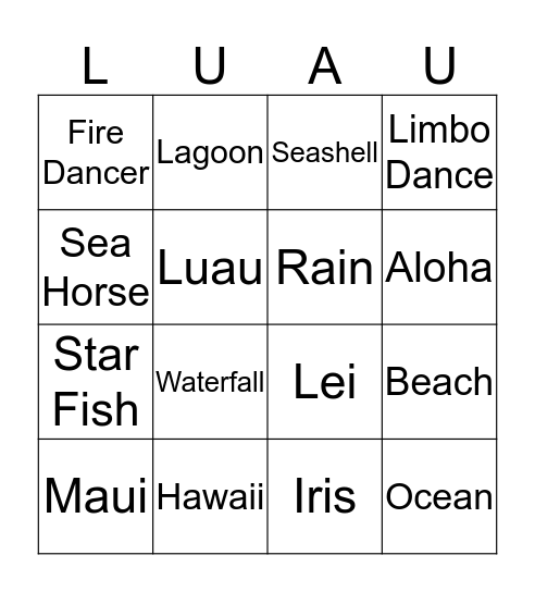 LUAU BINGO Card