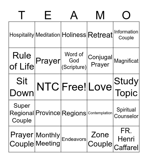 Teams of Our Lady Team-O Bingo Card