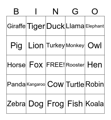 Animal Bingo Card