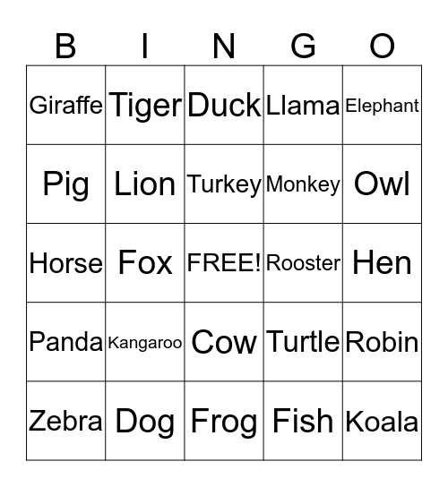 Animal Bingo Card