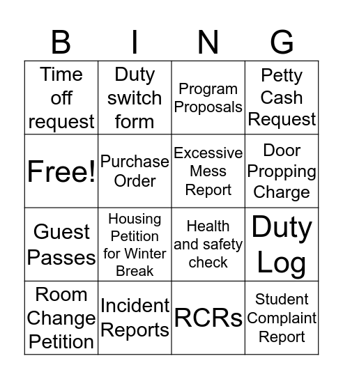 Resident Life Bingo Card