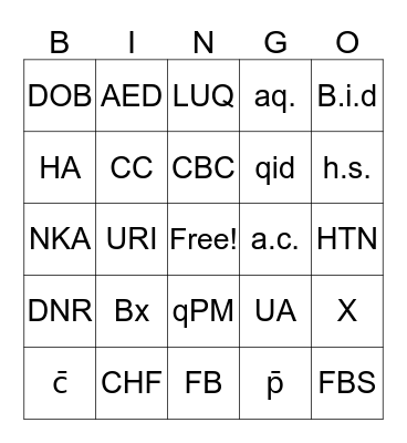 Medical Abbreviations Bingo Card