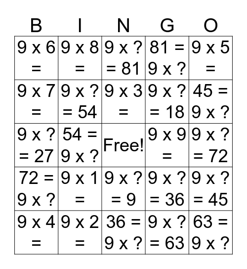 9's Bingo Card