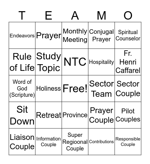 Summit Bingo Teams of Our Lady Bingo Card