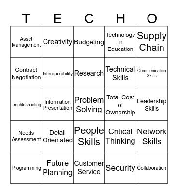 Career skills for a job in Tech Bingo Card