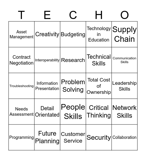 Career skills for a job in Tech Bingo Card