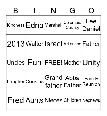 Ferguson Family Reunion 2013 Bingo Card